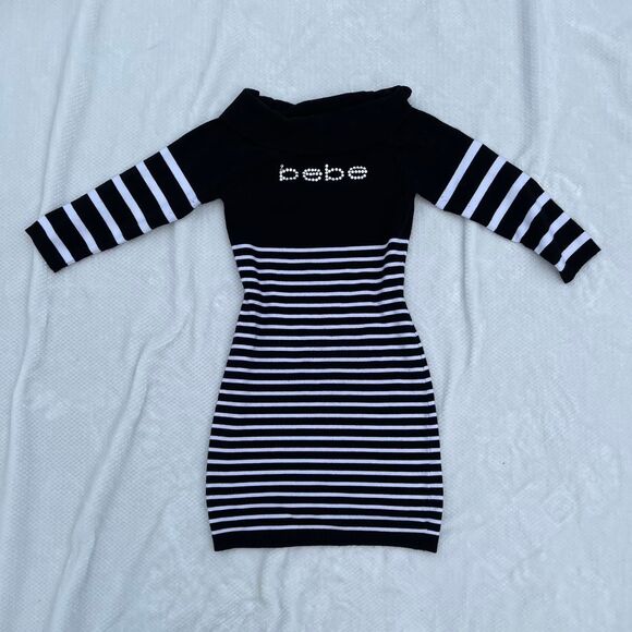BEBE BLACK & WHITE STRIPED SWEATER DRESS - Picture 2 of 5